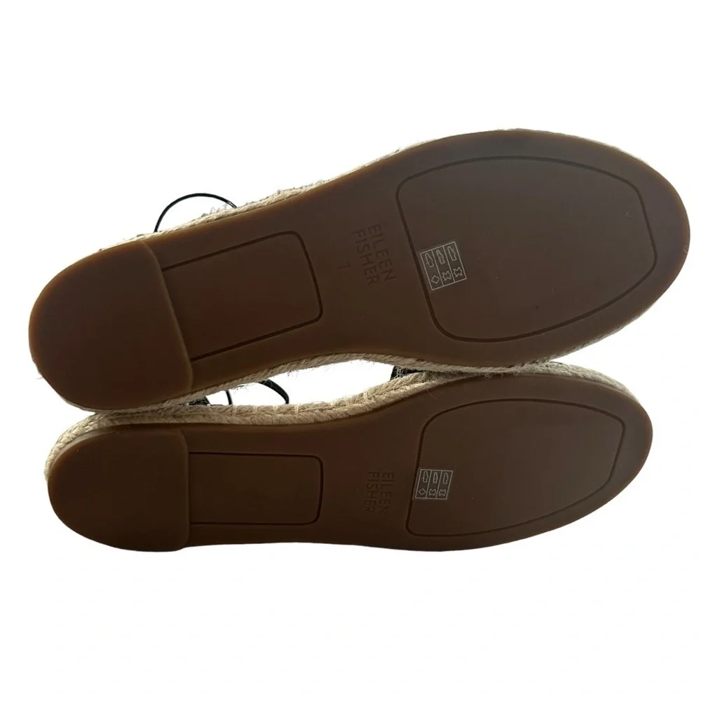 Eileen Fisher Black Leather Espadrille Lace-Up Flats Jute Sole 7 NWOB